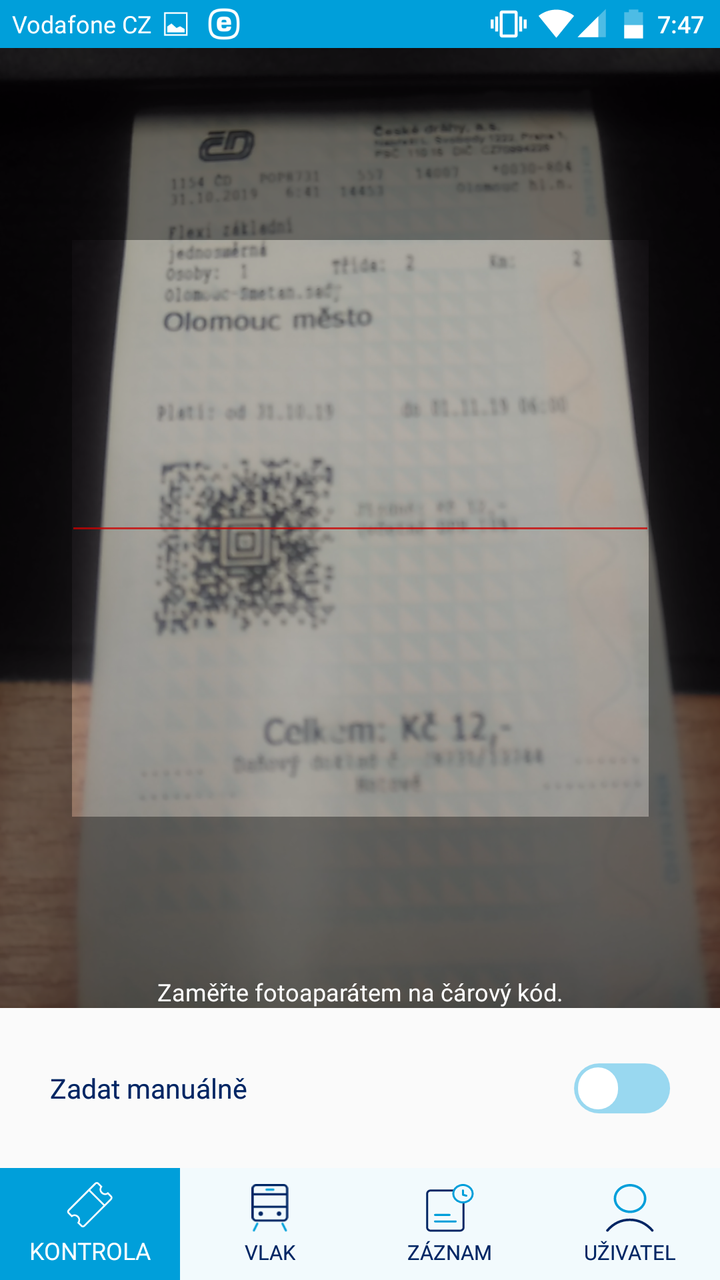 Kontrola jízdenky načtením QR kódu v aplikaci ČD Revizor