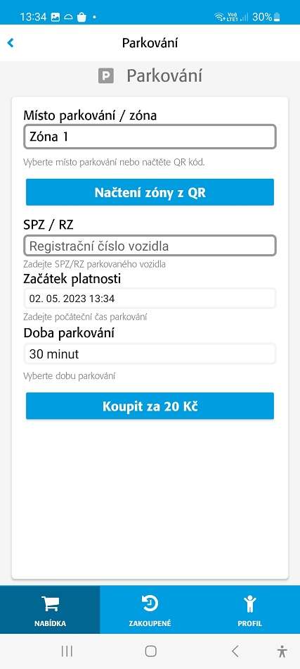 parkovné v aplikaci Vary Virtual