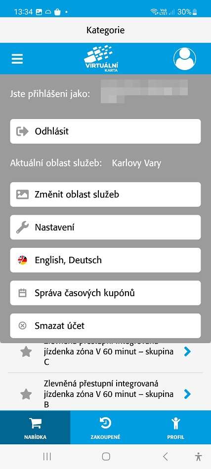 uživatelské menu v aplikaci Vary Virtual